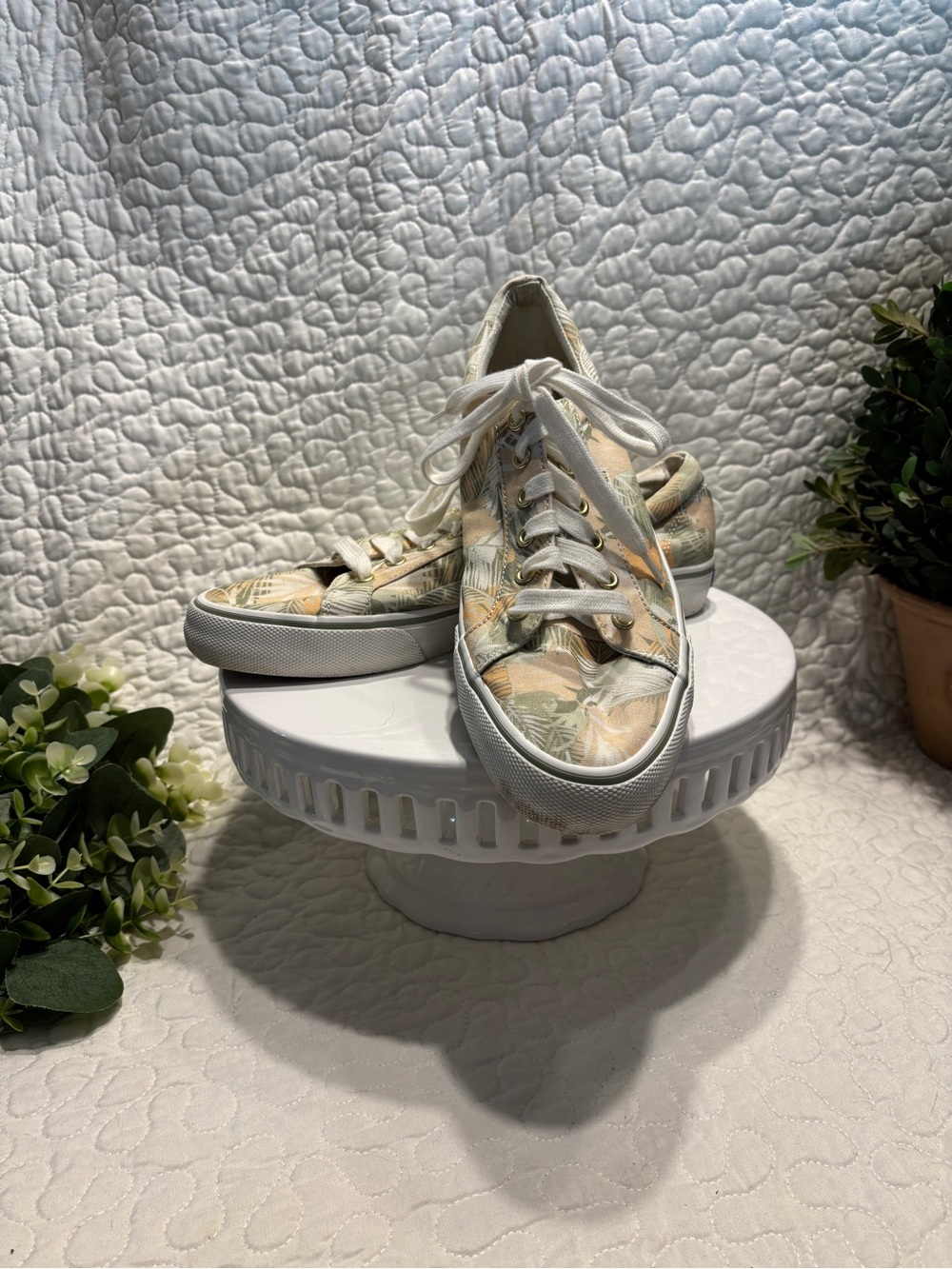 Keds Women's Floral Canvas Sneakers in Cream and Sage